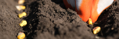 Close up view on farmer hand inprotective glove puts corn seed into the ground. Planting seeds in the ground. Sowing company or agriculture conceptの写真素材