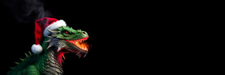 A dragon in a red Santa Claus hat. Year of the Dragon. Dragon isolated on black background. Long Banner with free spaceの素材