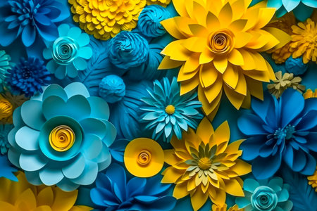 Background of fabulous blue and yellow paper flowers. Patriotic colors of the Ukrainian flag.の素材