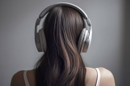 Girl in listens to music in wireless headphones. Girl with long hear no face visible on the background light gray wallの素材