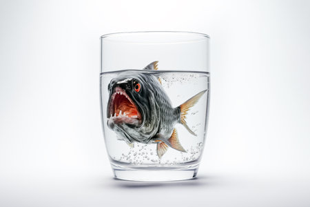 Piranha in a glass of water isolated on white background. A scary fish with huge teeth in its mouth in a glass of water.の素材