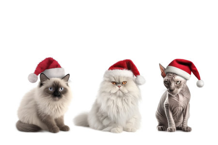 Three cats in red Santa Claus hats isolated on a white background. Ragdoll, persian and sphynx breed of cats in santa claus hat.の素材