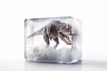 Frozen dinosaur in an ice cube. The concept of cloning, restoration of extinct species.の素材