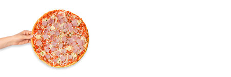Hand holding or taking tasty meat pizza isolated on white. Top view on meat and cheese pizza. Concept for italian food, street food, fast food, quick bite. Long banner with copy space.の写真素材