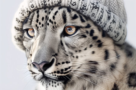 Close up portrait of a beautiful snow leopard in a knitted hat with a pompom on light gray background.の素材