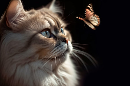 Colorful butterfly flies to cats nose on dark background. Fluffy cat and butterfly.の素材