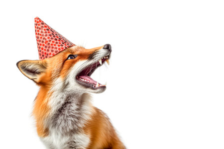 Funny red fox in birthday hat isolated on white background. A fox celebrates its birthday in a birthday hat and sings.の素材