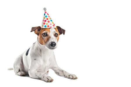 Russell terrier in a birthday hat. Happy birthday concept with dog in birthday hat.の素材