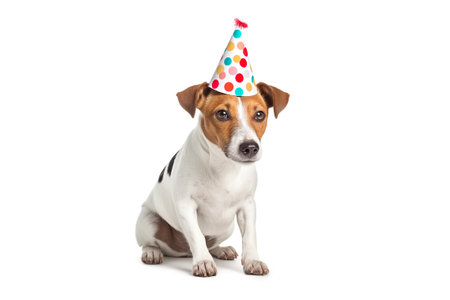 Small Russell terrier dog in a birthday hat. Happy birthday concept with dog in birthday hatの素材
