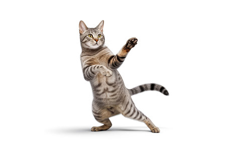 Funny dancing cat gray isolated on white background. The cat stands on its hind legs in full height, as if dancing or drunkの素材
