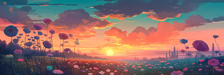 Illustration of a bright pink evening sky with clouds, a blooming field with colorful summer flowers and a magical sunset. Long summer banner with copy space.の素材