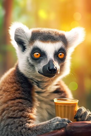Portrait of Ring-tailed lemur or catta drinking coffee from white coffee cup isolated forest or garden sunny background. Lemur and cup.の素材