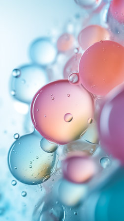 Bright, colored water bubbles vertical banner. Water and water bubbles toned in different colors. Water splashes and drops backgroundの素材