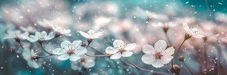 Long summer banner with white Wildflowers or Field flowers close up. White wild flowers on a blurred dark blue backgroundの素材