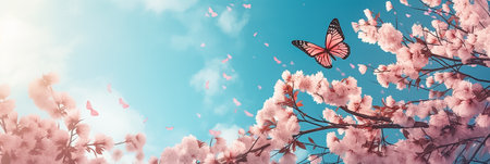 The butterfly is flies by Pink cherry blossoms branch on the blurred blue sky background. Long banner with Spring flowers of cherries tree.の素材