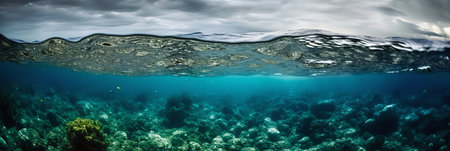 Long banner with underwater world and blue sky with clouds. Transparent deep water of the ocean or sea.の素材