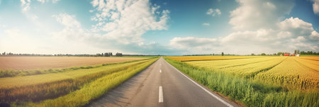 An empty asphalt road runs between a field of ripe wheat and small farm houses. Long banner with road, field, sky and farm house.の素材