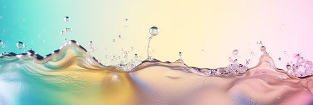 Colorful abstract water and paint splashes background. Water bubbles and paint toned in different colors. Water splashes and drops background. Generative AI long art banner.の素材