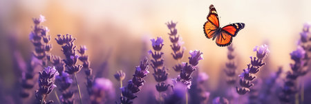 Lavender field. A butterfly sits on lavender flowers. Long banner with lavender flowers.の素材