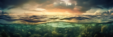 Long banner with underwater world and blue sky with clouds. Transparent deep water of the ocean or sea with rocks, fish and plants.の素材