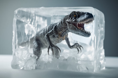 Frozen dinosaur in an ice cube. The concept of cloning, restoration of extinct species. Picture of scary dinosaur frozen in ice.の素材