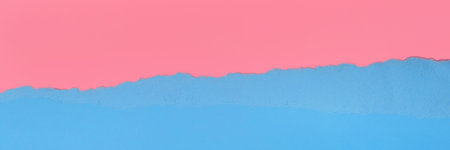 Long banner with ripped paper. Abstract torn Paper banner in pink and blue colors with copy space. Torn Paper with space for text with blue background.の写真素材
