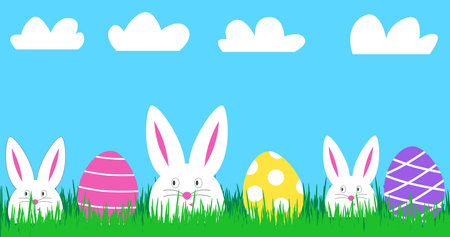 Happy Easter banner with three funny white rabbits and colorful Easter eggs. Easter cute bunny in green grass. Festive decoration in bright colorsのイラスト素材