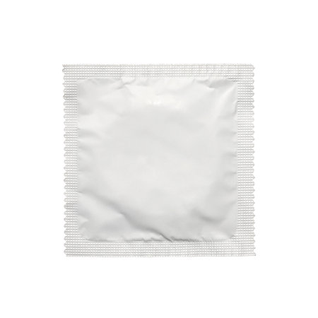 A white sealed foil condom wrapper isolated on a clean white background, ideal for health, safe sex, and lifestyle-related stock photographyの写真素材