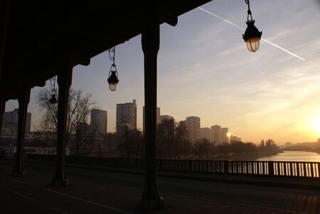View from the trestle bridge to the city and Seine river    の写真素材