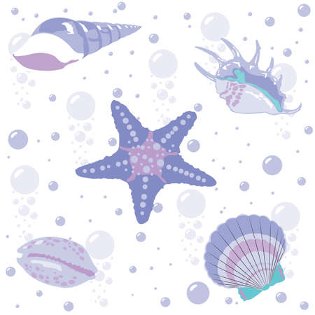 colorful sea shells, starfish, clam and bubbles seamless patternのイラスト素材