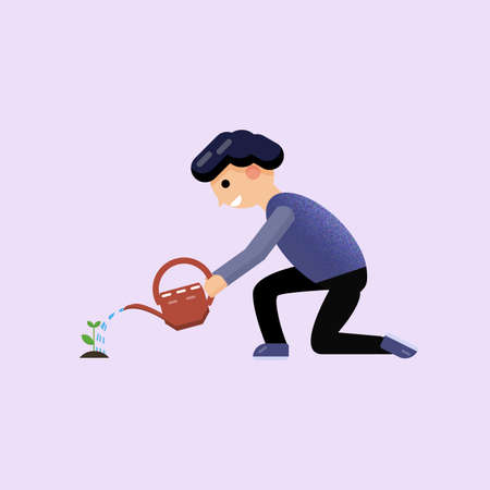Man watering a small treeのイラスト素材