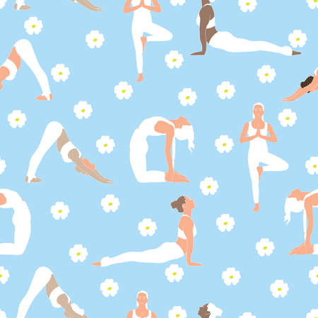 Girls doing different Yoga positions seamless patternのイラスト素材