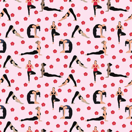Girls doing different yoga positions seamless patternのイラスト素材