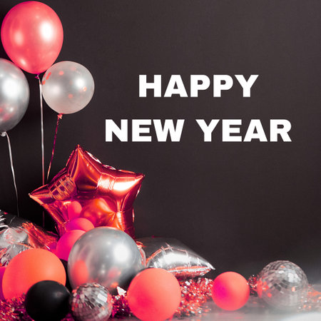 Happy New Year greeting card with red and silver balloons on black background