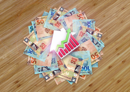 3D illustration of a House and Financial Charts and money around it. Brazilian money. Brazilian real. 50 and 100 reais banknotes from Brazil. Investment in real estate. Real estate rental.の写真素材