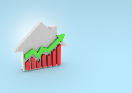 3D Illustration of a House and Financial Graphics Investing in real estate. Real estate rental. Buying a house or apartment. Financial Interest.の写真素材