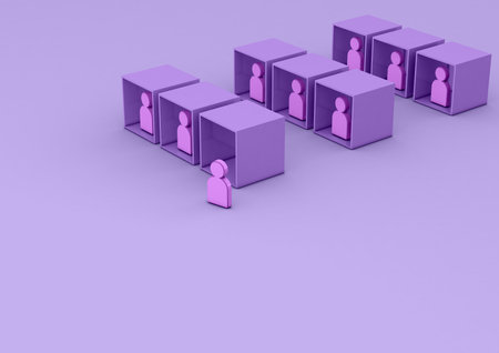 Cubes with people following a path and only one person thinking differently and standing out from...