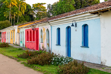 Historic old houses in the historic center of the old town of Porto Seguro, in the state of Bahia, Brazilの写真素材