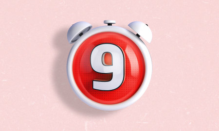 3D illustration of a clock style counter and stopwatch in white color with the number 9 inside. Day...