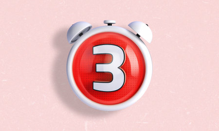 3D illustration of a clock style counter and stopwatch in white color with the number 3 inside. Day...