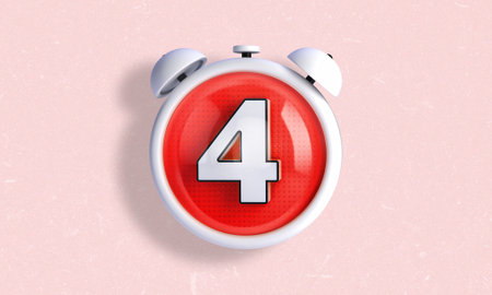 3D illustration of a clock style counter and stopwatch in white color with the number 4 inside. Day 4の写真素材