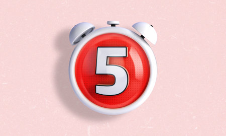 3D illustration of a clock style counter and stopwatch in white color with the number 5 inside. Day...