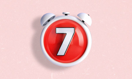 3D illustration of a clock style counter and stopwatch in white color with the number 7 inside. Day...
