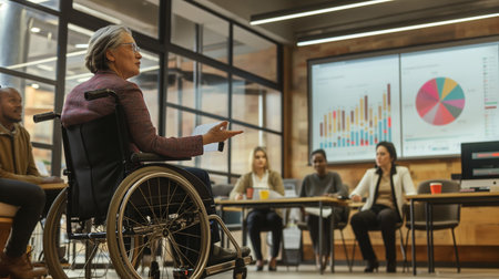 Senior businesswoman in wheelchair presenting data charts to diverse teamの素材