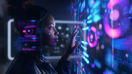 Black woman touching digital screen with futuristic holographic data interfaceの素材