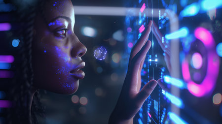 Woman interacting with neon digital interface representing innovation and AIの素材