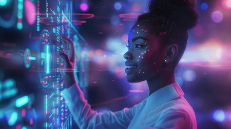 Smiling woman interacting with futuristic digital interface in neon lightの素材