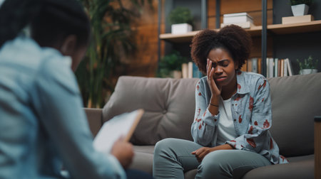 Upset woman crying during emotional therapy session with psychologistの素材