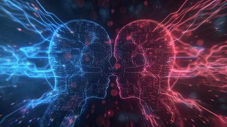 Futuristic digital heads connected by glowing circuits representing AI communicationの素材