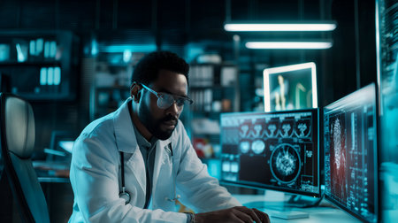 Doctor analyzing medical scans on computer monitors in modern laboratory at nightの素材